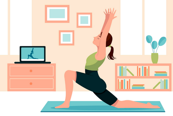 Illustration of women performing various exercises for a physical activity questionnaire banner