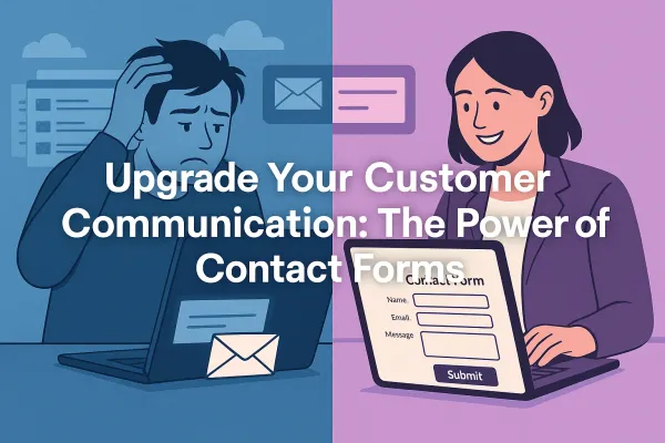 Small business owner comparing cluttered email inbox vs. organized contact form for customer communication